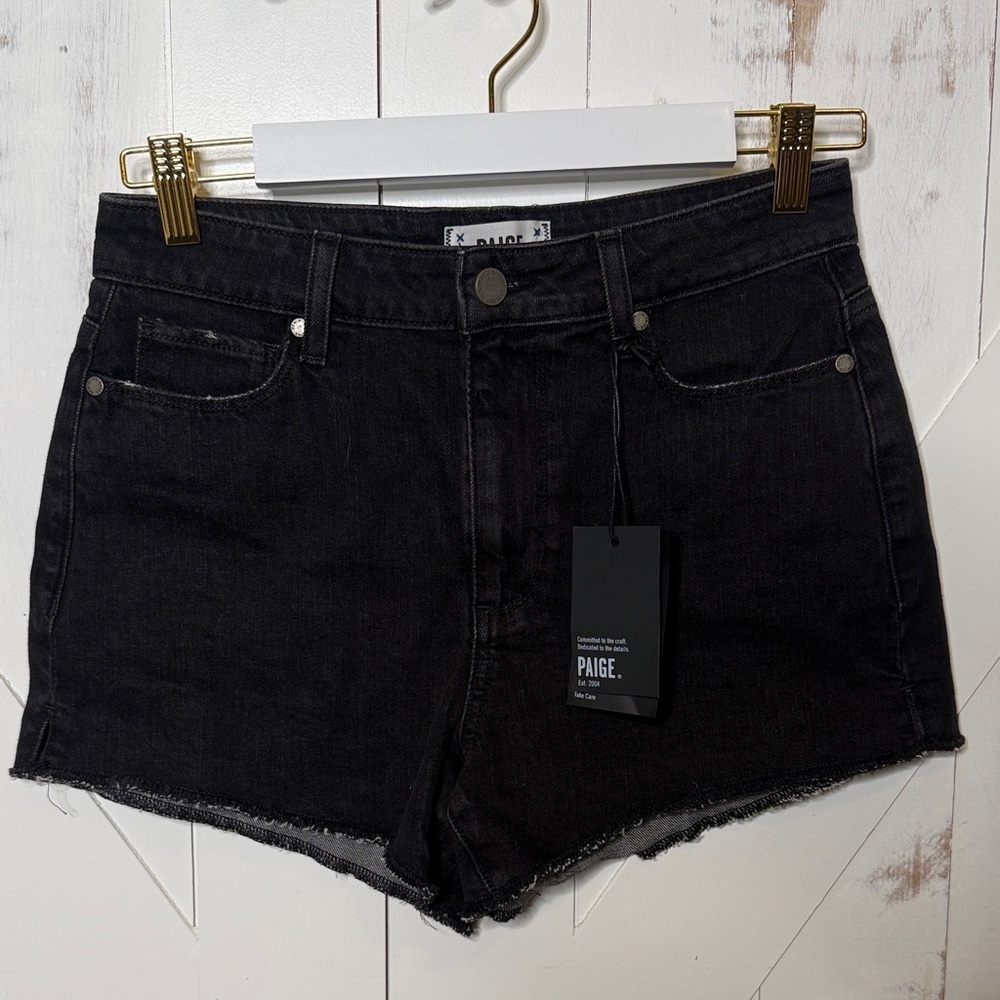 PAIGE Margot Black High Rise Frayed Hem Jean Shorts
